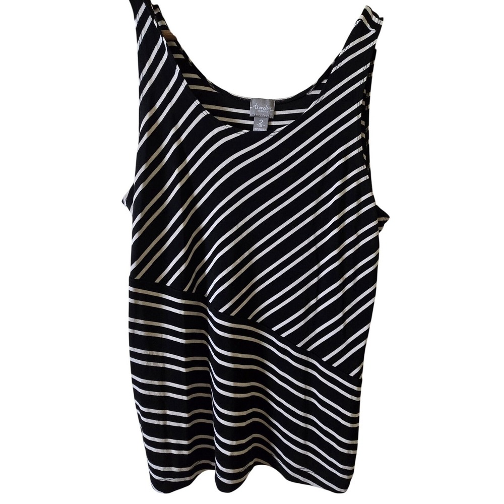 Chico's Travelers Tank Top Womens 2 Large Black White Striped Slinky Knit Shell